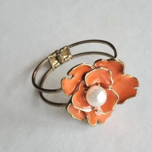 Vintage Clamper Cuff Bracelet With Large Enamel Flower